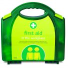 A plastic first aid kit for the workplace.