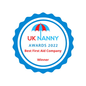 A UK Nanny 2022 award icon for Best first aid company.
